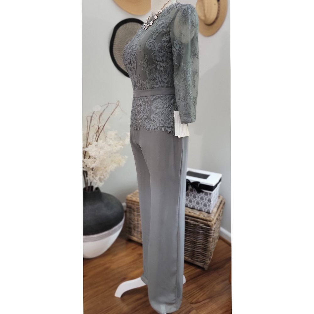 TS Couture, Grey Sheer Lace Peplum Jumpsuit